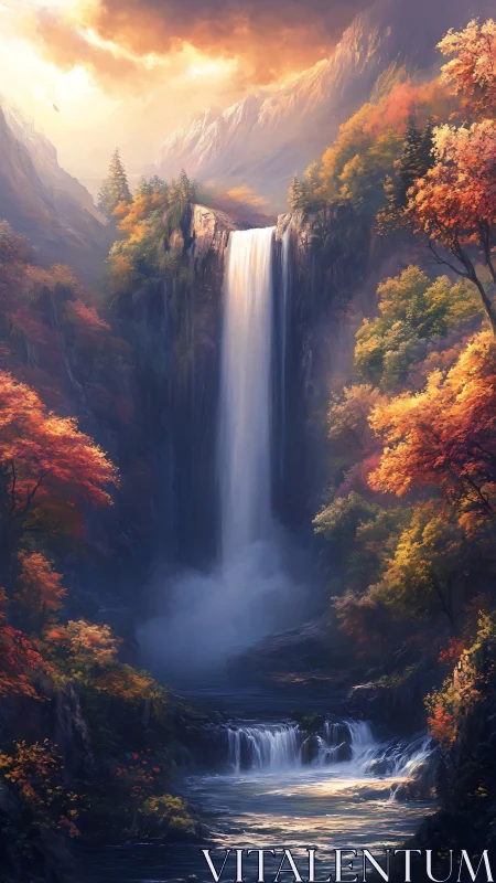 Golden autumn waterfall cascades through misty mountains.