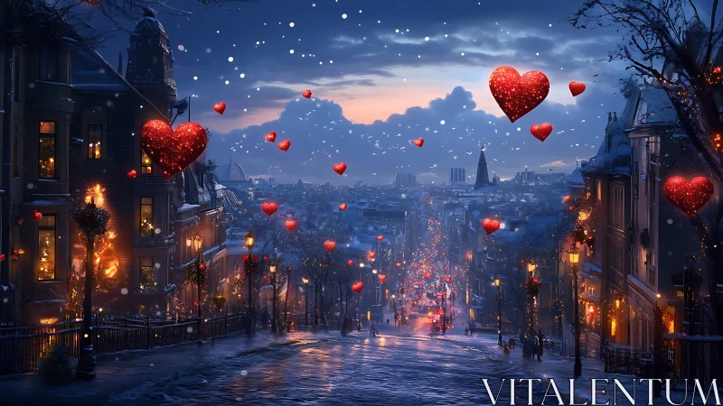 Romantic cityscape with floating hearts at twilight