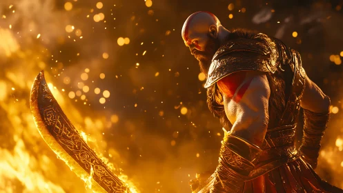 Heavily armored warrior inspects glowing rune blade in fiery bokeh field