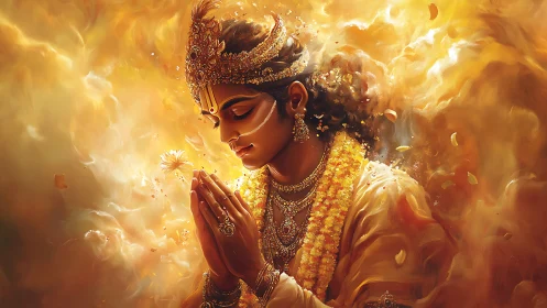 Golden-hued divine figure in serene prayerful contemplation.