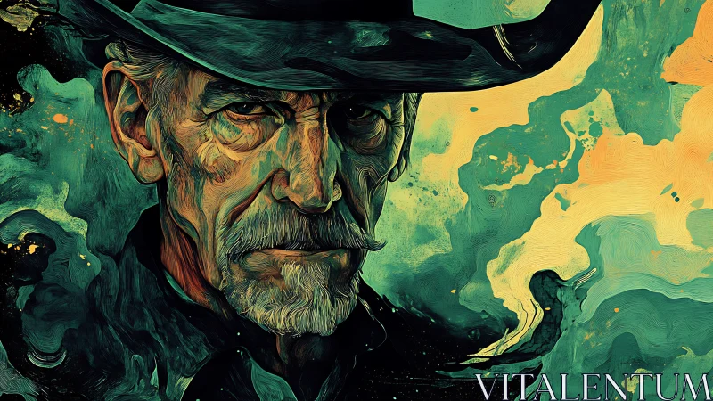 Weathered cowboy portrait rendered in bold teal strokes