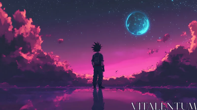 Silhouetted figure on reflective plain under violet night sky.