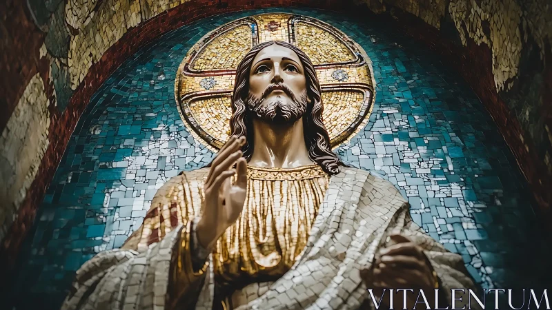 Mosaic-clad savior gazes upward beneath a radiant halo glow