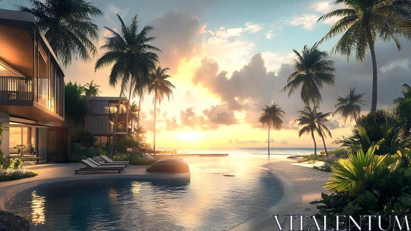 Modern beachfront villas with infinity pool at sunset light.