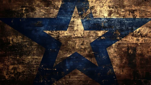 Weathered cobalt star blazing across rustic timber night.