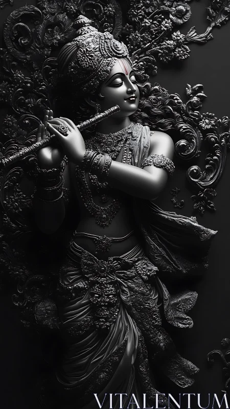 Monochrome relief sculpture depicts adorned flute player