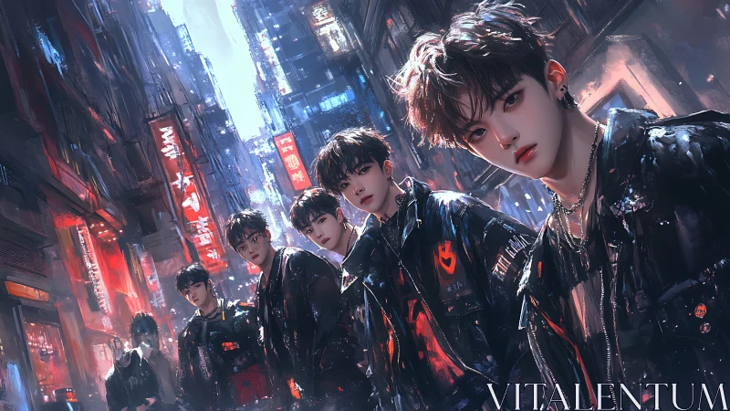 Cyberpunk street gang poses under neon-lit city canyons.