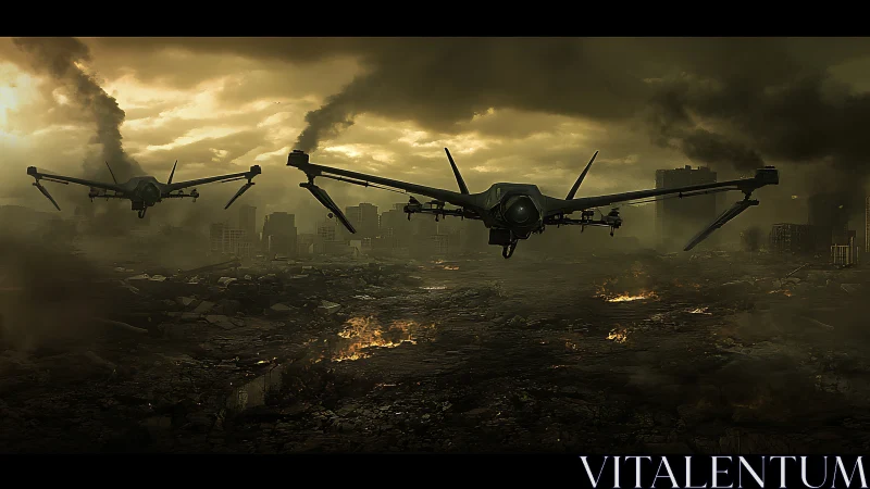 Autonomous drones advance over ruined urban battlefield