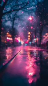 Neon city rainfall reflects bokeh streetlights in shallow focus