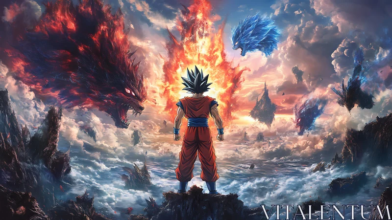 Warrior facing elemental beast forms in stormy seascape.