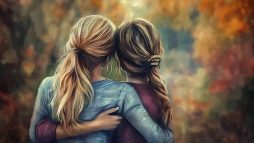 Two Girls Embracing in Autumn, Impressionist Digital Painting.