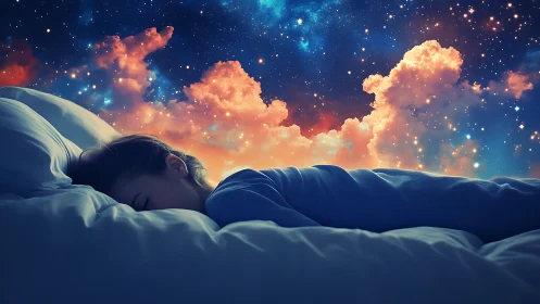 Dreaming sleeper beneath luminous cosmic cloudscape.