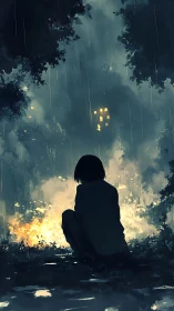 Rain-soaked watcher before distant burning windows of wonder.