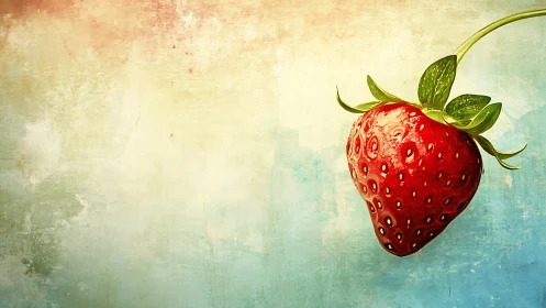 Single glossy strawberry on textured pastel background.
