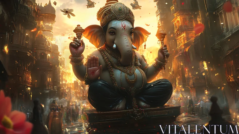 Detailed digital artwork of Ganesha in urban setting.