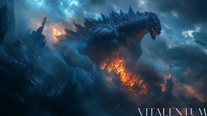 Colossal fire-lit kaiju strides through a storm-wrecked cityscape