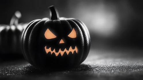 Black jack-o’-lantern glows in eerie monochrome mist.
