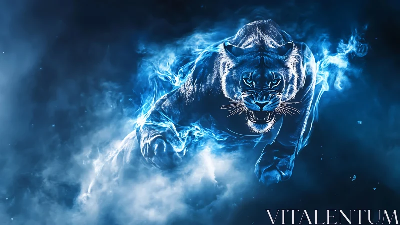 Primal spectral panther charging through electric blue haze.