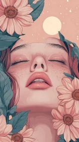 Digital painting portrait with florals and vertical symmetry.