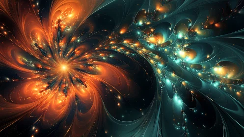 Stellar bloom unraveling into teal and amber cosmic streams.