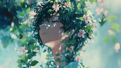 Softly lit anime portrait merges foliage, blossoms and skin planes