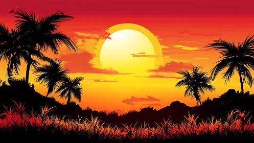 Vector sunset landscape shows high-contrast palm silhouettes and gradient sky