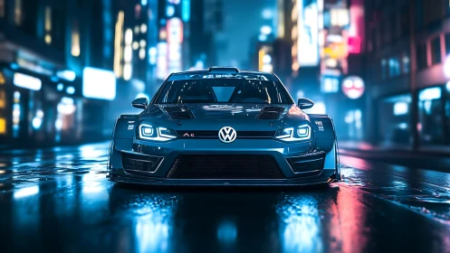 Neon-soaked Volkswagen racer on reflective cyberpunk street.