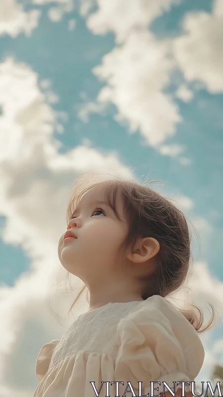 Skyward Wonder: Child's Reverie Against Clouds.