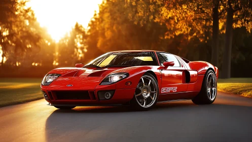 Red sports coupe is parked on a road at sunset