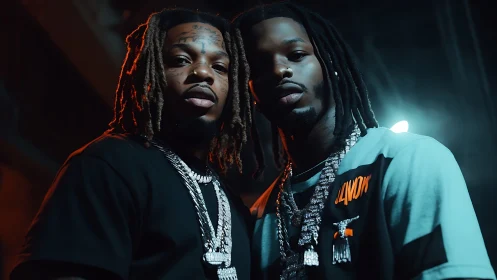 Urban portrait duo under moody blue backlight at night.