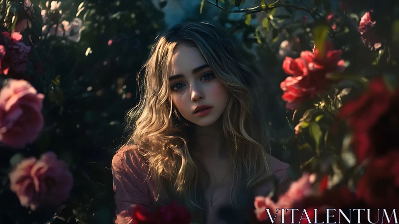 Young woman sits among roses under moody evening light