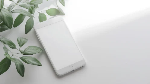 Minimalist Whisper: White Phone Meets Verdant Botanical Grace.
