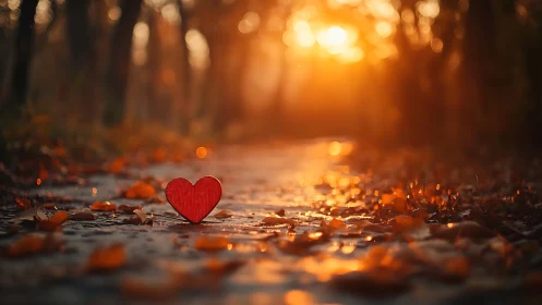 Red Heart Rests Among Autumn Leaves in Golden Forest Light