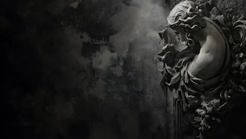 Baroque stone angel emerging from shadowed concrete wall.