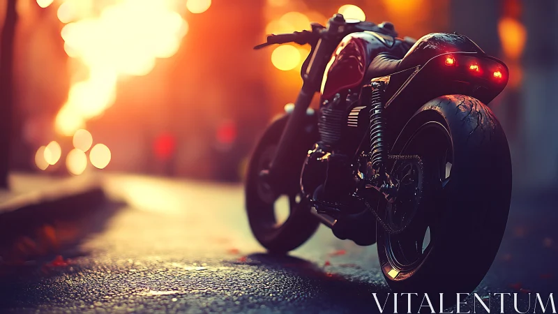 Custom motorcycle on wet city street at sunset light.