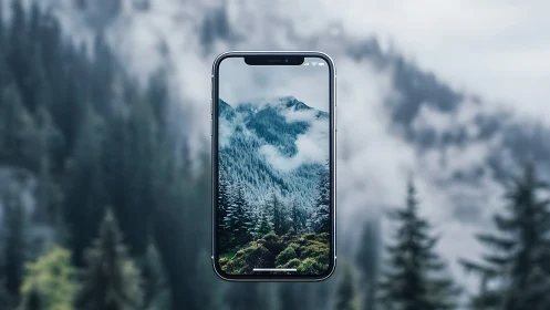 Phone glass melts into misty mountains and evergreen hush