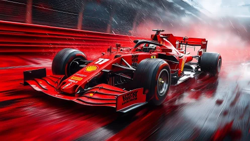 Hydrodynamic motion study of a red Formula 1 car in rain