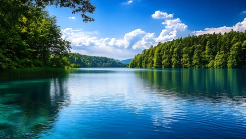 Calm forest lake under vivid blue sky with clouds reflection.
