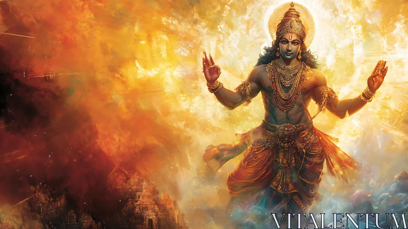 Radiant Hindu deity emerges from swirling cosmic fire.