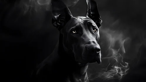 Black Great Dane portrait in smoky low-key lighting.