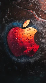 Glowing red apple logo shining through cool dark water.