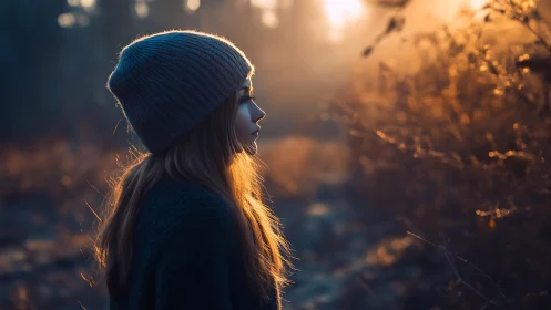 Young woman pauses in golden forest light at quiet dusk