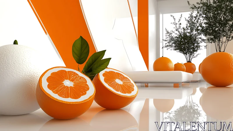 Citrus lounges boldly while modern furniture mirrors its glow