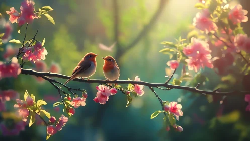 Blushing spring robins trading dawn secrets on a blossom bough.
