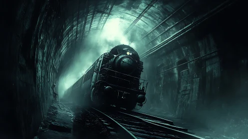 Steam locomotive emerges through dark tunnel with heavy mist