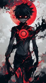 Eclipsed demon boy with glowing red core and cracks.