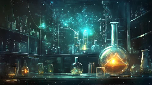 Glowing arcane laboratory with alchemical glassware scene.