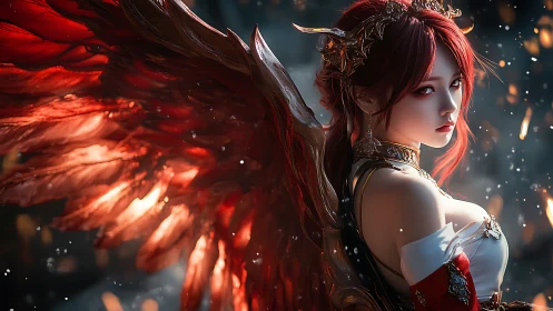 Fire-winged guardian pausing between embers and twilight.