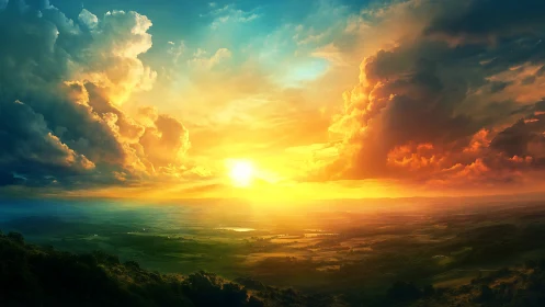 Vivid sunset over wide valley under dramatic storm clouds.