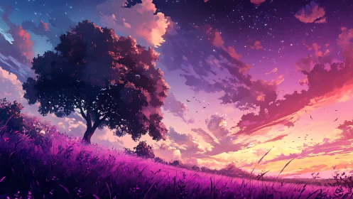 Solitary tree anchors a neon-gradient dusk skyscape panorama